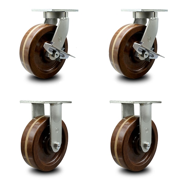 Service Caster 12 Inch Heavy Duty High Temp Phenolic Caster Swivel Lock and Brake 2 Rigid, 2PK SCC-KP92S1230-PHRHT-SLB-BSL-2-R-2 - main